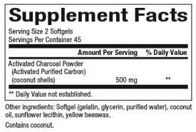 Supplement facts label for Natural Factors Activated Charcoal 500 mg, 90 softgels